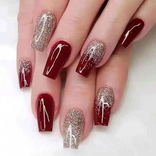 24pcs Glitter Ballet False Nail Simple Wine Red Mid-length Coffin Fake Nail Wearable Simple Shiny Powder Design Press on Nails