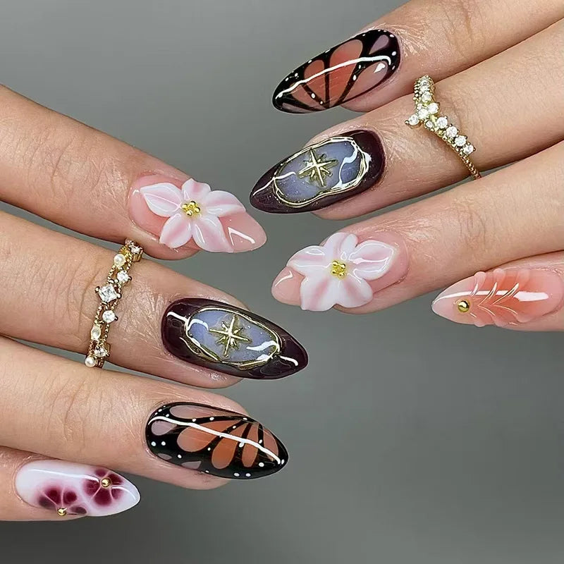24Pcs Mid-length Almond Press on Fake Nails with Insect Flower Button Design Full Cover Nails Tips Reusable Finished False Nails