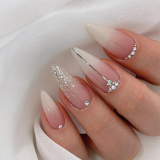24Pcs French Almond Press on Fake Nails with Aurora Flash Drill Manicure Glitter Cool Finished Nails Wearing Nails Set Press On