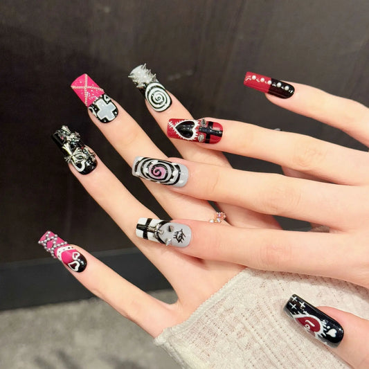 10PCS Square Handmade Press On Nails,Punk-style Tough Girl,Suitable For Festivals Parties And Daily Wear.
