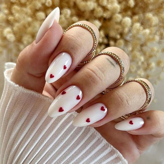 24PCS Almond Nail White Full Coverage Nail Press Red Heart-Shaped Nail Gloss Simple Paste Nail Suitable For Women