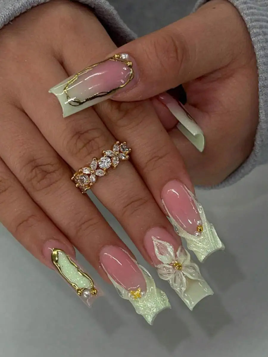 24pcs/Set Y2K French Medium Length Nail Tips, Sweet 3D Pink Flower & Wavy Design With Golden Beads Accent, Press-On Artificial