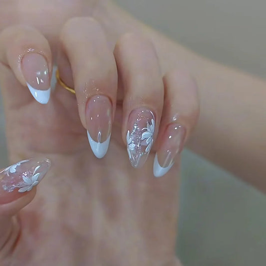 24Pcs Mid-length Almond Fake Nails with Summer Lotus Full Cover False Nails Tips Green Smudge Design Detachable Press on Nails