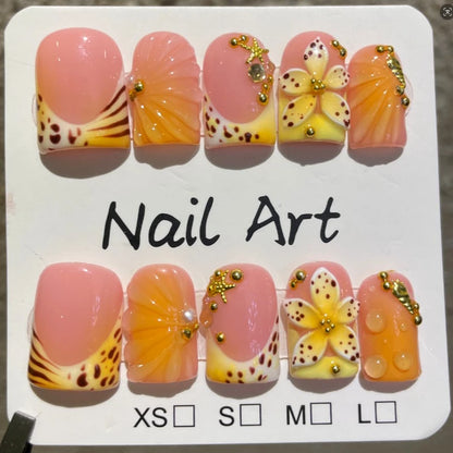 10pcs French Square Handmade Press on Nails Summer Ocean Series False Nails 3D Flower Wearable Fake Nail Uñas Накладные Ногти