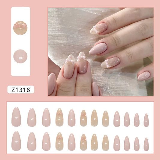 24PCS Almond Press on Nails Nude Pink Base Sweet Pink Bow and Polka Dot Decor Sweet Coquette Style Glossy Reusable False Nails