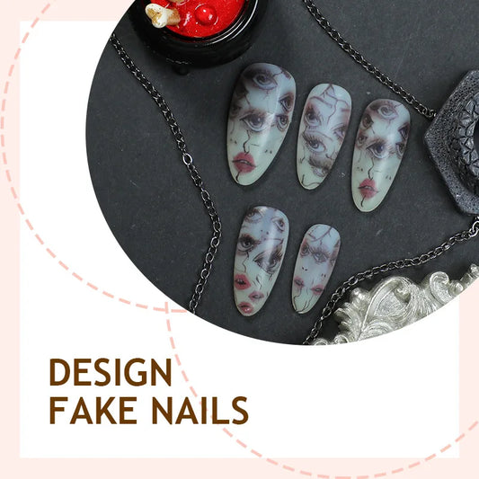 24pcs Halloween Almond Fake Nail Tips Scary Eyes Girl Face Print Press on Nail Wearable European Spicy Girls False Nail Tips