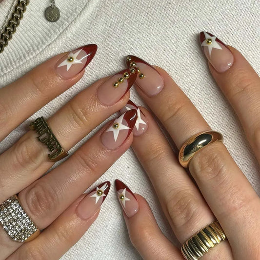 24Pcs French Retro Red Nail Art Full Cover Irregular Gilded Minimalism Press on Fake Nails Detachable Mid-length Almond Manicure