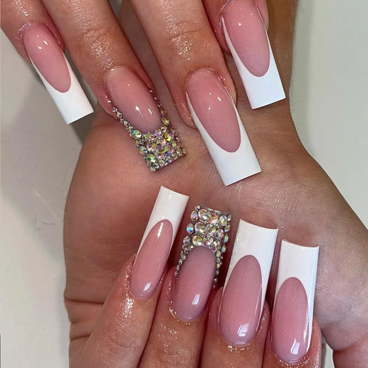 24pcs French Fake Nails Gradient Brown Long Square False Nail with Flower Rhinestone Design Press on Nails Tips Glitter Manicure