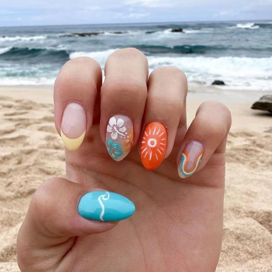 24pcs Finished False Nail Sets Gradient Pink Short Almond Nails Tips Flower Design Fake Nail Art Reusable French Press on Nails