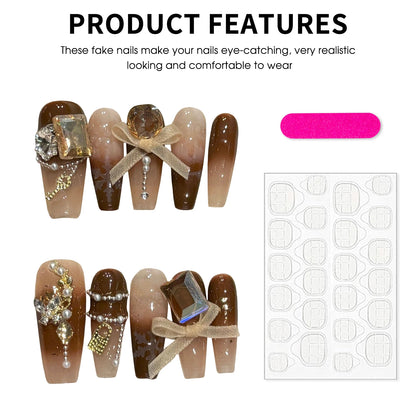 10pcs Gradient Brown French Tips False Nails Long Ladder Phototherapy Sweet Handmade Fake Nails Bows Diamond Decor Press On Nail