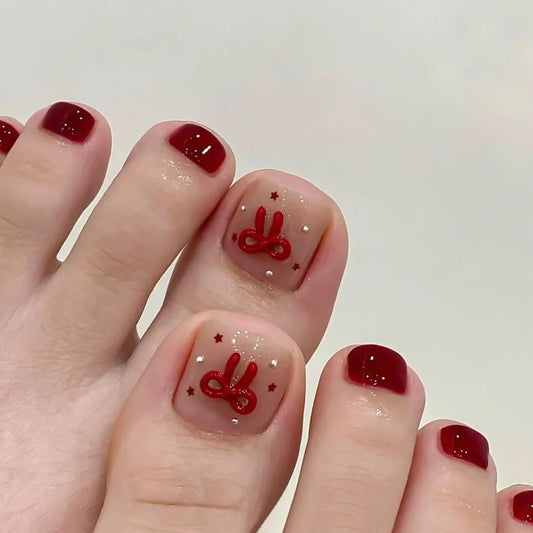 24pcs Red Bowknots Press On Toenails Five-pointed Star Diamond Decor False Toenail Spicy Girl Wearable Fake Toe Nails Sweet Cool