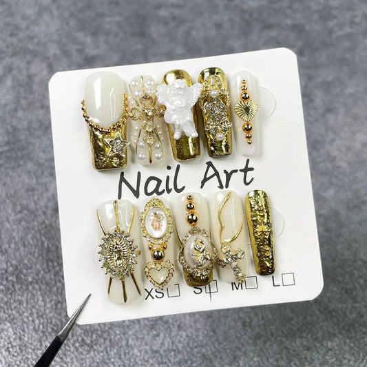10pcs Long Square Handmade Press on Nails Retro Fake Nails with 3D Golden Decoration False Nail 네일팁 Накладные Ногти Uñas ネイルチップ