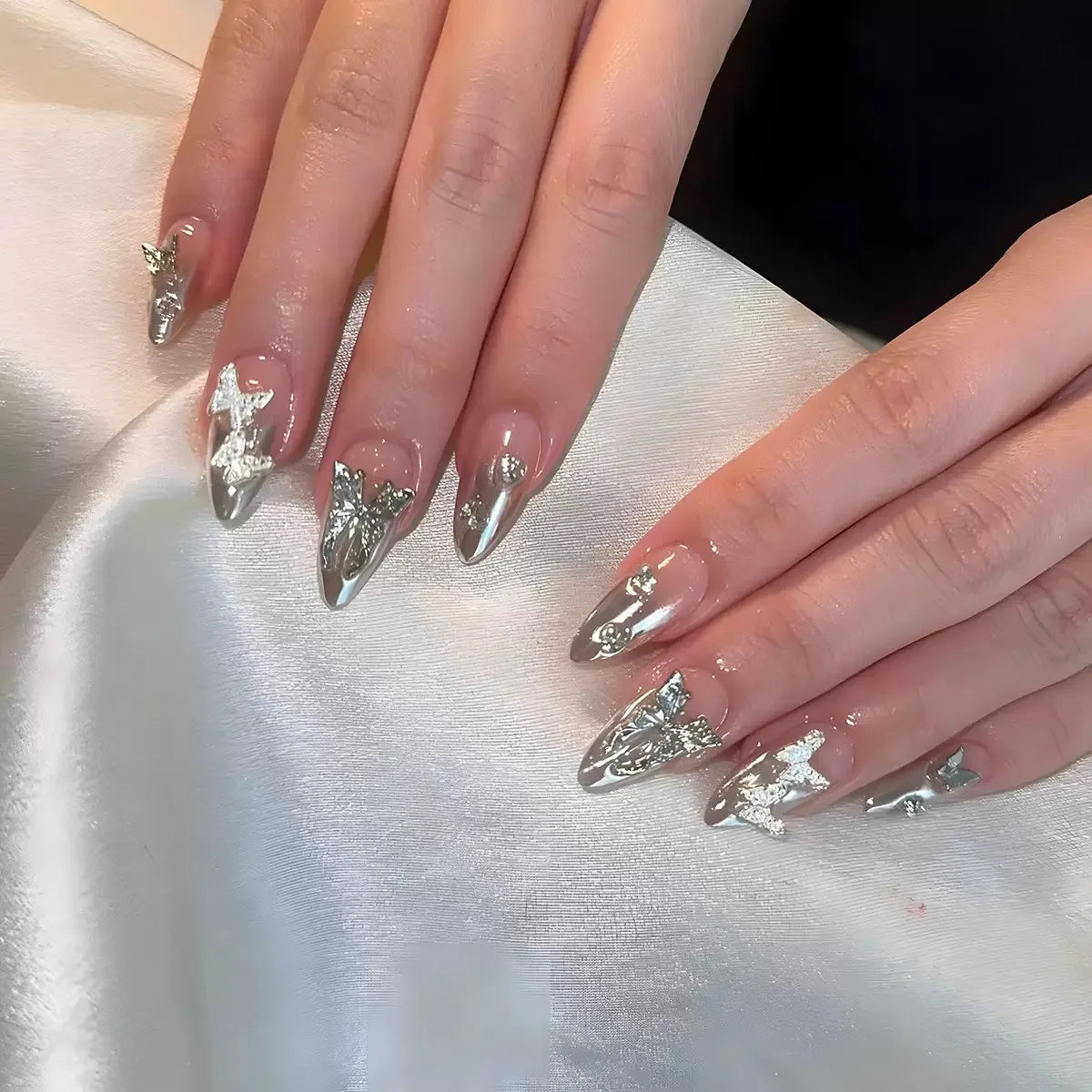 24Pcs Light Blue Smudge Fake Nails Press on Almond Gold Leaf Removable Long Full Cover Nail Tips Wearable Finished Nail Art