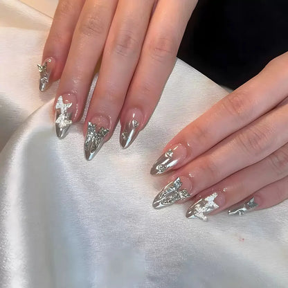 24Pcs Light Blue Smudge Fake Nails Press on Almond Gold Leaf Removable Long Full Cover Nail Tips Wearable Finished Nail Art