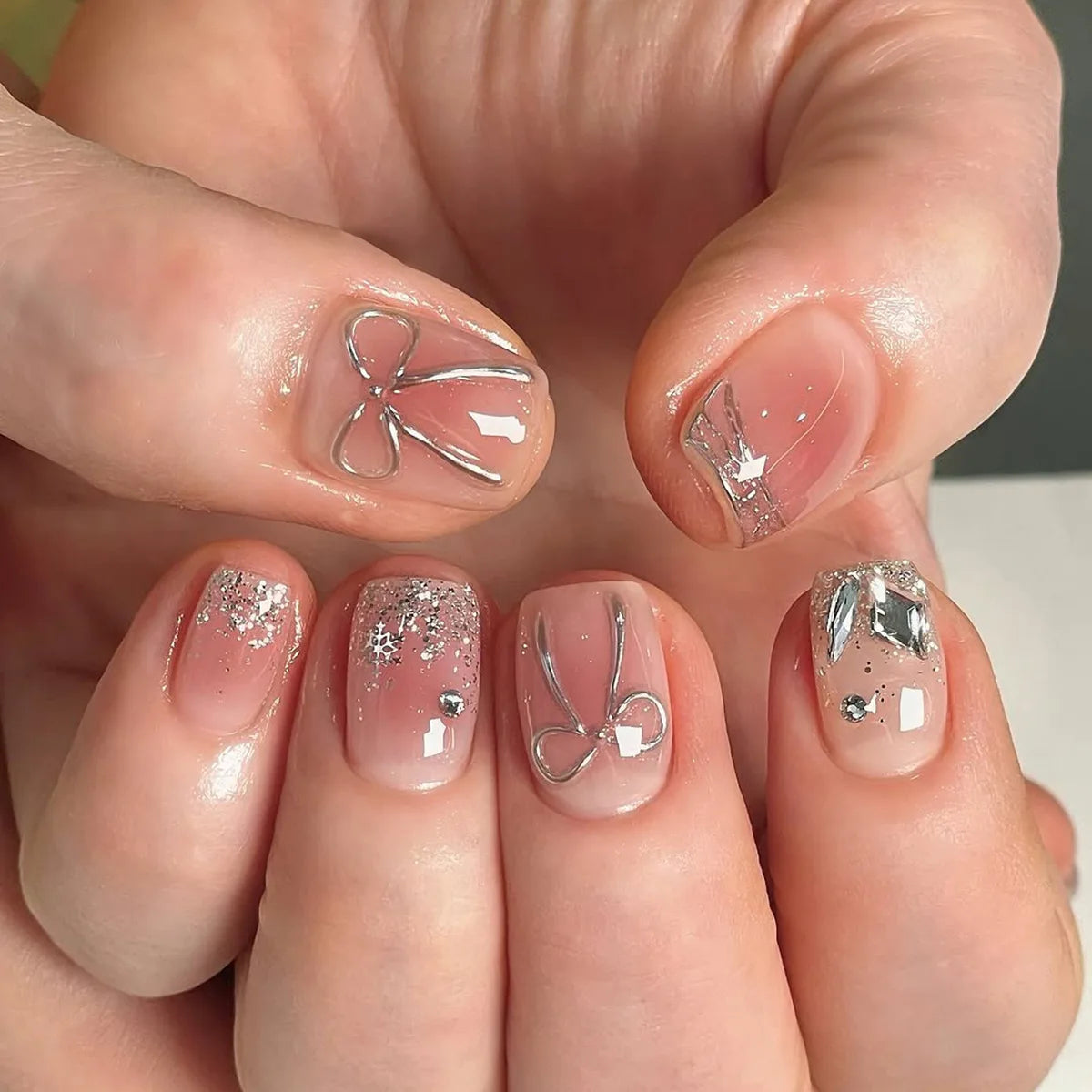 24Pcs Short Square Head False Nails Press on Silver Shiny Powder Reusable Fake Nails 3D Bow Rhinestone Full Cover Nails Tips Art