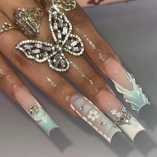 24Pcs Long Square Head French Fake Nail Tips 3D Love Heart Design Press on Nails with Rhinestone Pattern Wearable False Nail Art