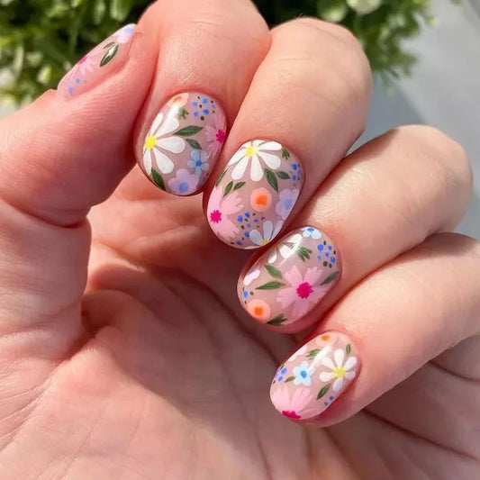 24Pcs Short Square Head Press on Fake Nails Flower Lemon Strawberry Full Cover False Nails Summer Beach Detachable Manicure Tips