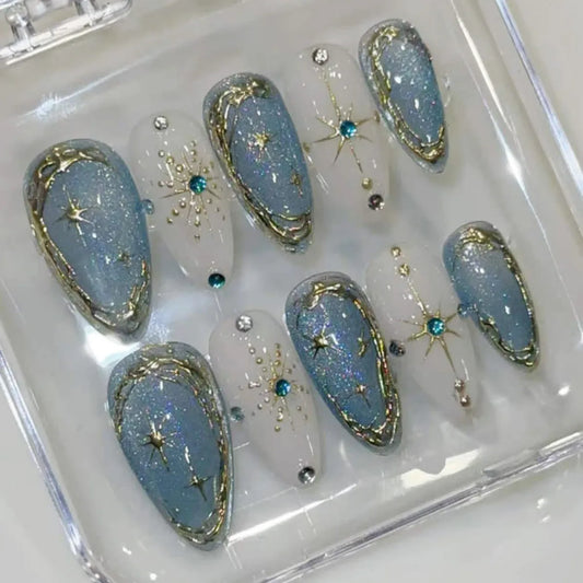 24pcs Gilded Starlight Stick on Nail Art Glitter Rhinestone Wearable Press on Nails Tips Blue Almond False Nails Sets Fake Nail