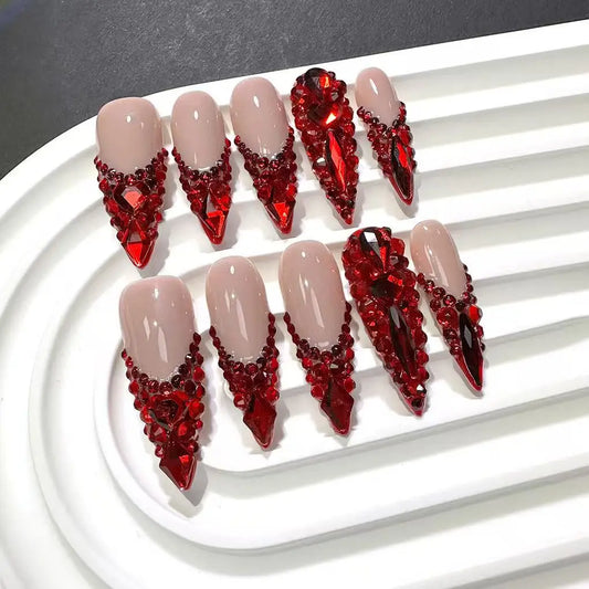 10pcs high-end The red series is full of diamonds handmade coffin French tips fake nails, Luxurious and dazzling red nail