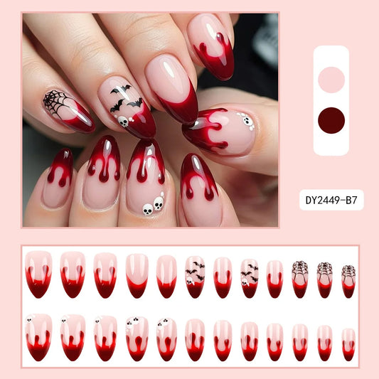 24Pcs Red French Almond Press on Nails Black Bat Spider Web Halloween Blood Drops Fake Nails Halloween Spicy Girls False Nails