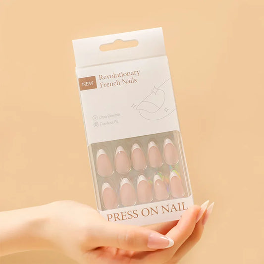 24Pcs Short Almond French False Nail Simple Solid French Design Mid-length Oval Press on Nails Wearable Fashion Acrylic Manicure