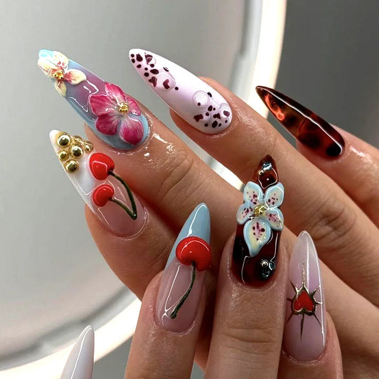 24Pcs Mid-length French Almond Full Cover Nails Tips Cherry Colorful Flower Design Press on Fake Nails Detachable False Nail Art