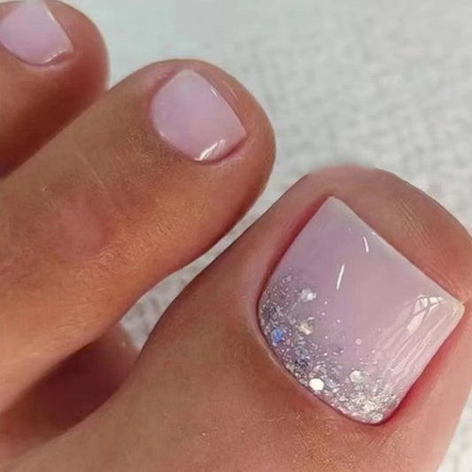 24PCSShort Fake Toenail, Flash Design, Purple Toe Nail Pressure Strip, Acrylic Fake Toenail, Artificial Adhesive On Toenail