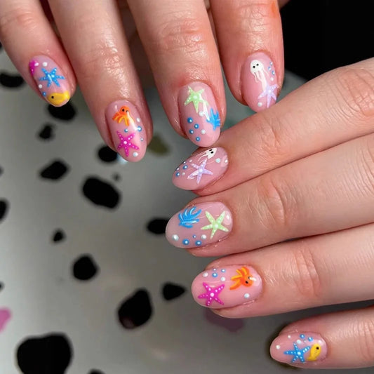 24pcs Summer Fake Nails Ocean Starfish Jellyfish Design Stick on Nail Pink Short Oval False Nail Wearable Almond Press on Nails