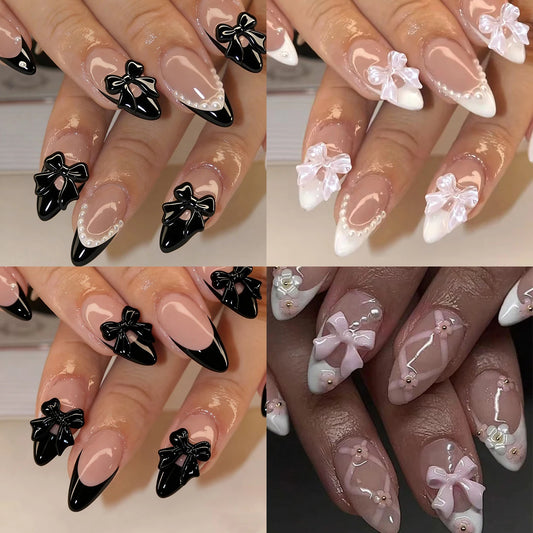 ARTAUG 96PCS Pressed French Almond False Nails With 3d Bow Pearl And Flower Designs, Reusable Acrylic False Nails