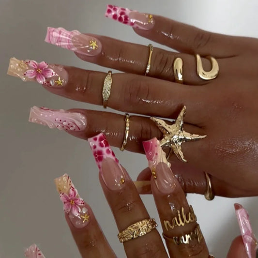 24pcs Long Leopard Print French Press on Nails Spicy Girl Style Wearable False Nails Acrylic Flower Pattern Fake Nails Art 네일팁