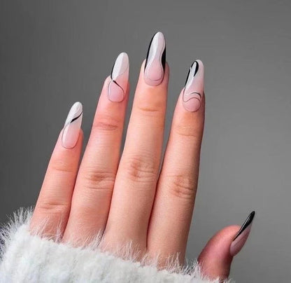 24Pcs Long Wine Red Ripple Manicure Fashionable Girls Wearing Almond Nail Stickers Fake Nails Acrylic Simple New for Women Gifts
