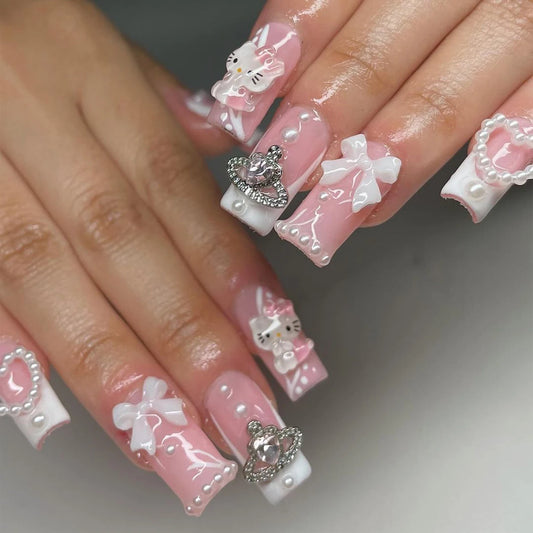 24 pieces of medium and long square nail patch white French cute Hello Kitty three-dimensional drill 3d white bow drill white lo