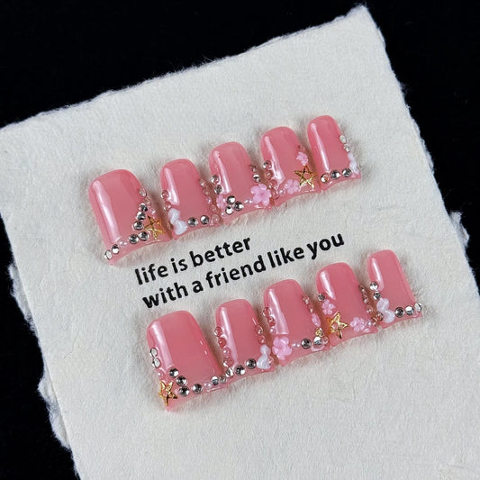 10pcs high-end Pink girl style, hand-painted three-dimensional engraved design, glittering rhinestone decoration handmade fake