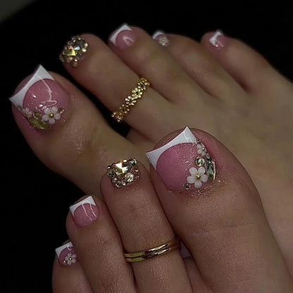24pcs Shiny French Fake Toenail Glitter Rhinestone Butterfly Flower Design False Toenails Summer Ins Simple Press on Toenails