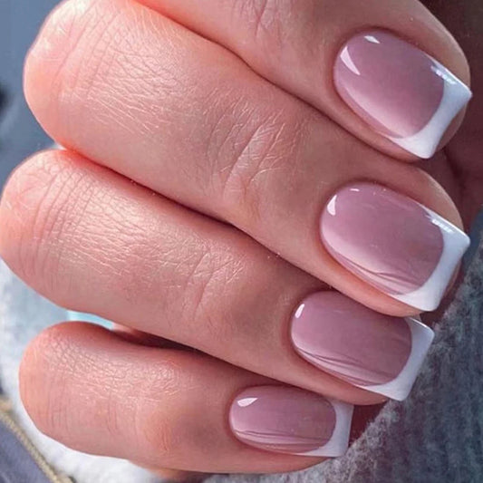 24PCS Short Square Pink Nails Fake Nails French Fake Nails Nail Art Removable for Couples Dating Outdoor Potluck Parties