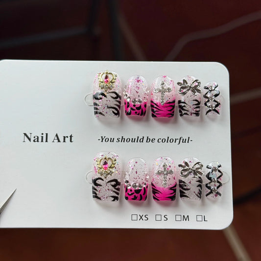10pcs high-end y2k Millennium Spice Girl style, hand-painted zebra stripes, dazzling sequins with pile of diamonds handmade fake