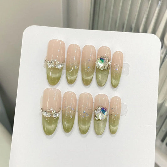 10PCS Long Oval Handmade Press On Nails,Cat-eye Gradient Style,Suitable For Festivals Parties And Daily Wear.