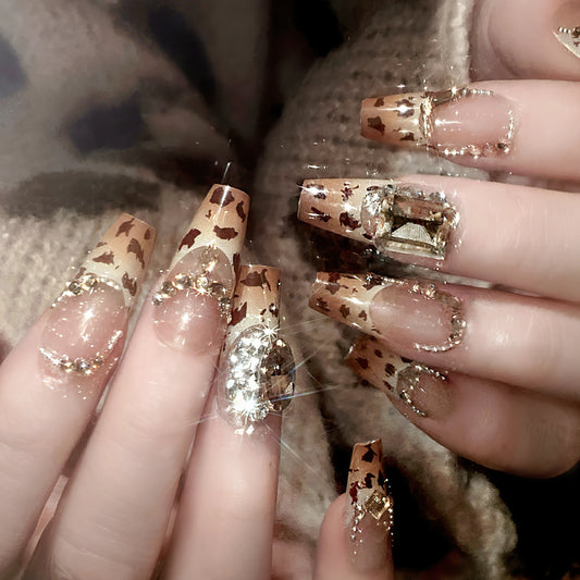24Pcs Fake Nails Leopard Tip Press on Nails Rhinestone False Nails Press On Nails Artificial Nail Tips For Women Nail Tips