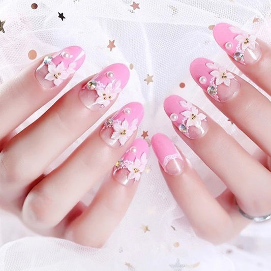 24Pcs Fashion Almond False Nails Bright Red Festive Happy Diamond Decorations Artificial Wearable Finished Nails Set for Women