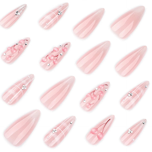 24Pcs 3D Pink Cherry Design Fake Nails Glitter Nude Pink Stiletto Shape Press on Nails for Women Girls Wearable False Nail Tips