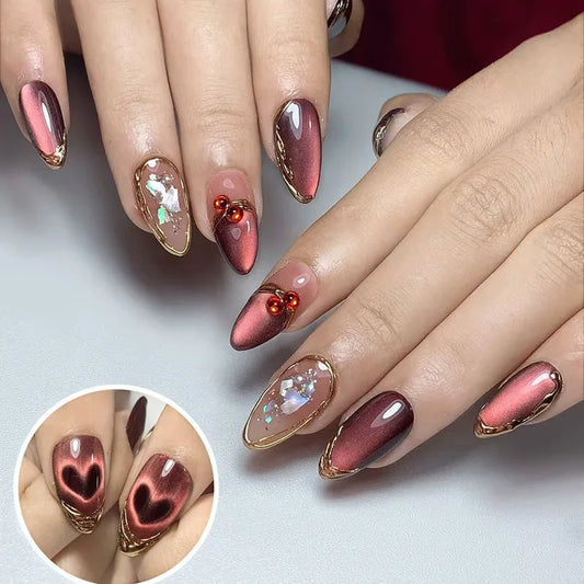 24pcs Love Cat's Eye Pattern Fake Nails Press on Red Almond Nails Tips Wearable Gilded Rhinestone Design False Nail Set Manicure