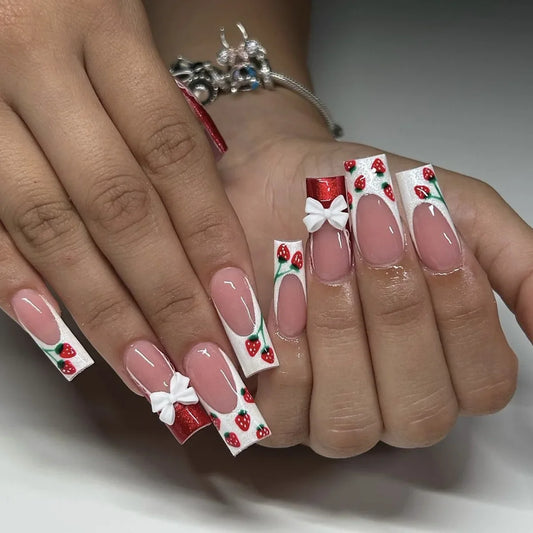 24Pcs Long Coffin French False Nails with Glue Bow Diamond Stick on Press on Acrylic Nails Black Ballerina Nail Art Manicure Tip