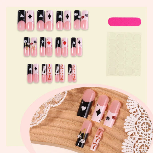 24pcs Long Coffin French Fake Nails European Poker Elements Printed Design Press on Nails Long Ballet False Nail Patches