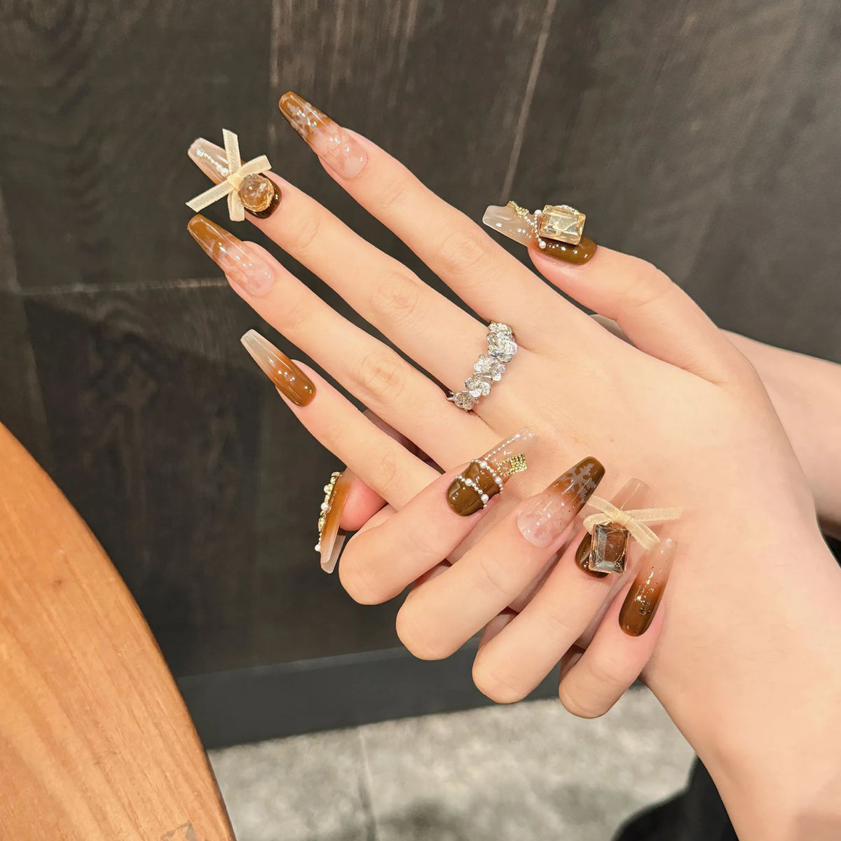 10pcs Gradient Brown French Tips False Nails Long Ladder Phototherapy Sweet Handmade Fake Nails Bows Diamond Decor Press On Nail