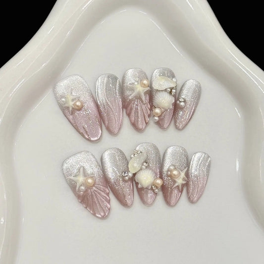 10pcs Fantasy Pink French Style Press On Nails Pearl Seashell 3D Starfish Decor Handmade Fake Nails Flash Cat Eye Sea False Nail