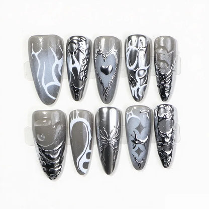 10PCS Gothic Y2K Almond Press on Nails Silver Metallic Chrome Gray White Vine Heart Spider Fake Nails Handmade Gyaru Nails Tips