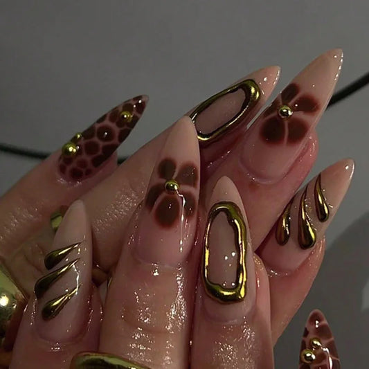24pcs Brown False Nails Flower Leopard Print Full Cover Nail Long Almond Fake Nail Wearable Golden Pearl Design Press on Nails