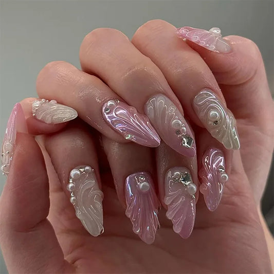 24Pcs/box False Nails 3D Flower Starfish Decoration Almond Wearable Fake Nail French Nails Full Cover Acrylic Press on Nail Tips