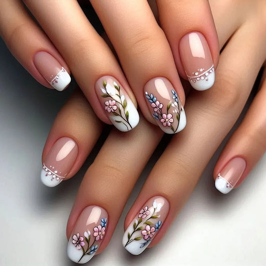 24Pcs Simple Flowers with Design Manicure Tips White French Press on False Nails Tips Square Head Wearable Full Cover Fake Nails