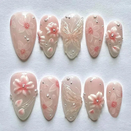 24pcs Pink False Nails Flower Lines Gradient Long Almond Press on Nails Tips with Pearl Design Fake Nail Art Wearable Manicure